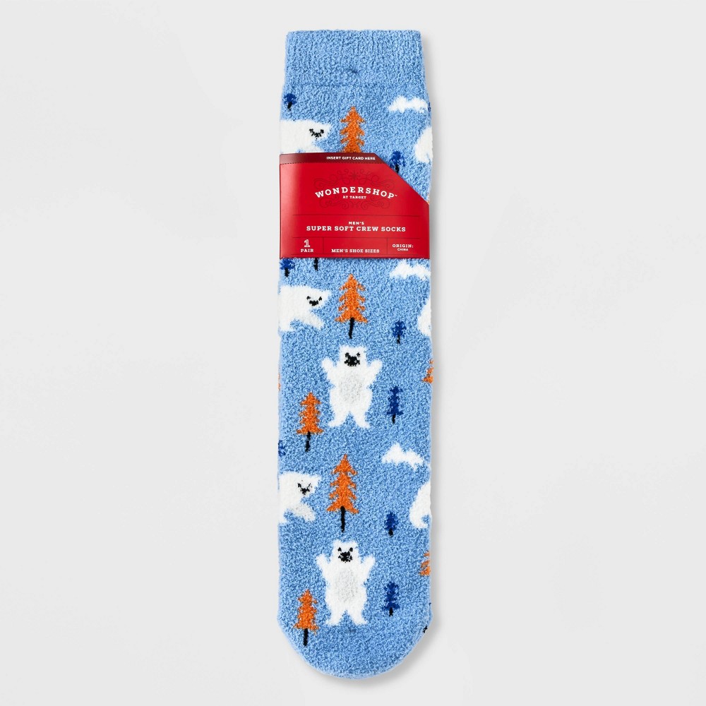 (BOX X12PACK) Men's Winter Bears Cozy Crew Socks with Gift Card Holder - Wondershop™ Blue 6-12