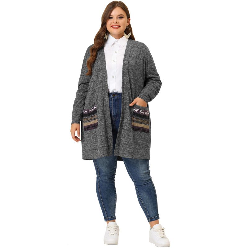 Agnes Orinda Women's Plus Size Long Sleeve Patch Pocket Open Front Knit Sweater Cardigan, 3 of 6
