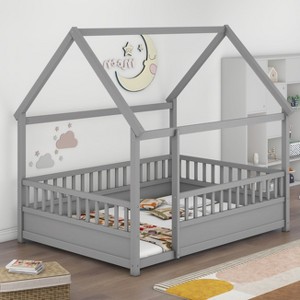 KTMBDW Twin/Full Size House Floor Bed,Wooden Montessori Bed with Fence and Roof for Kids,Twin/Full Bed Frame for Boys,Girls - 1 of 4
