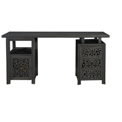 HomeRoots 68" Black Carved Floral Scroll Solid Wood Computer Desk With Three Drawers