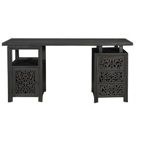 HomeRoots 68" Black Carved Floral Scroll Solid Wood Computer Desk With Three Drawers - 1 of 4