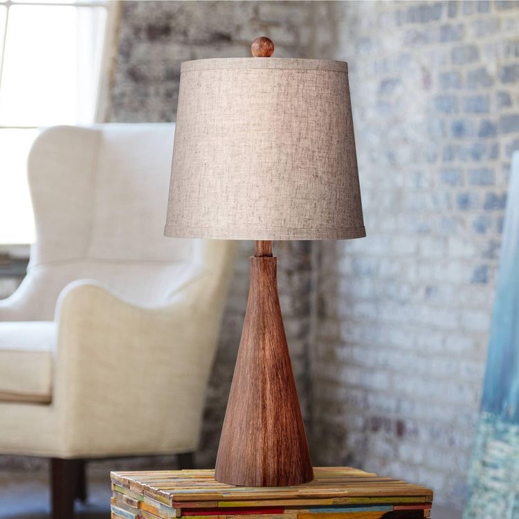 360 Lighting Fraiser Modern Accent Table Lamp 23 1/2" High Brown Faux Wood Oatmeal Drum Shade for Bedroom Living Room Bedside Nightstand Office Kids, 2 of 8