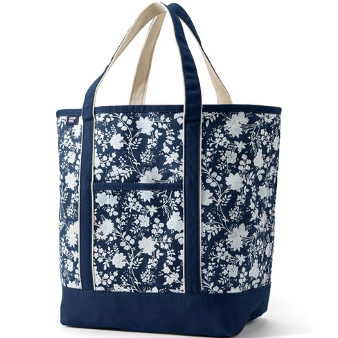 Lands' End Extra Large Print 5 Pocket Open Top Canvas Tote Bag - - Deep Sea  Navy Classic Floral