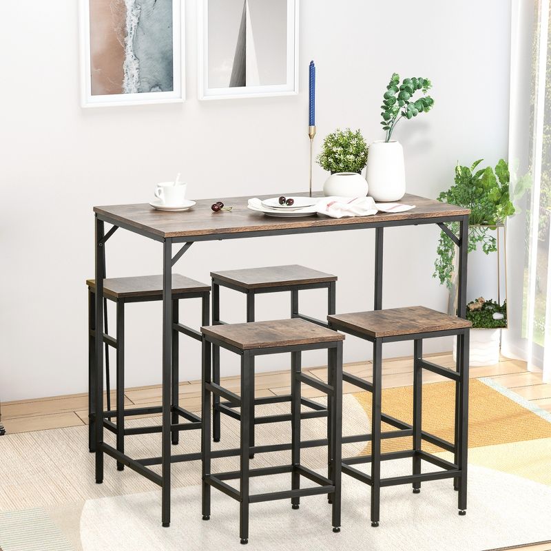 HOMCOM 5-Piece Industrial Dining Table Set, Bar Table & 4 Stools Set, Space Saving for Pub & Kitchen, Black/Brown, 3 of 10