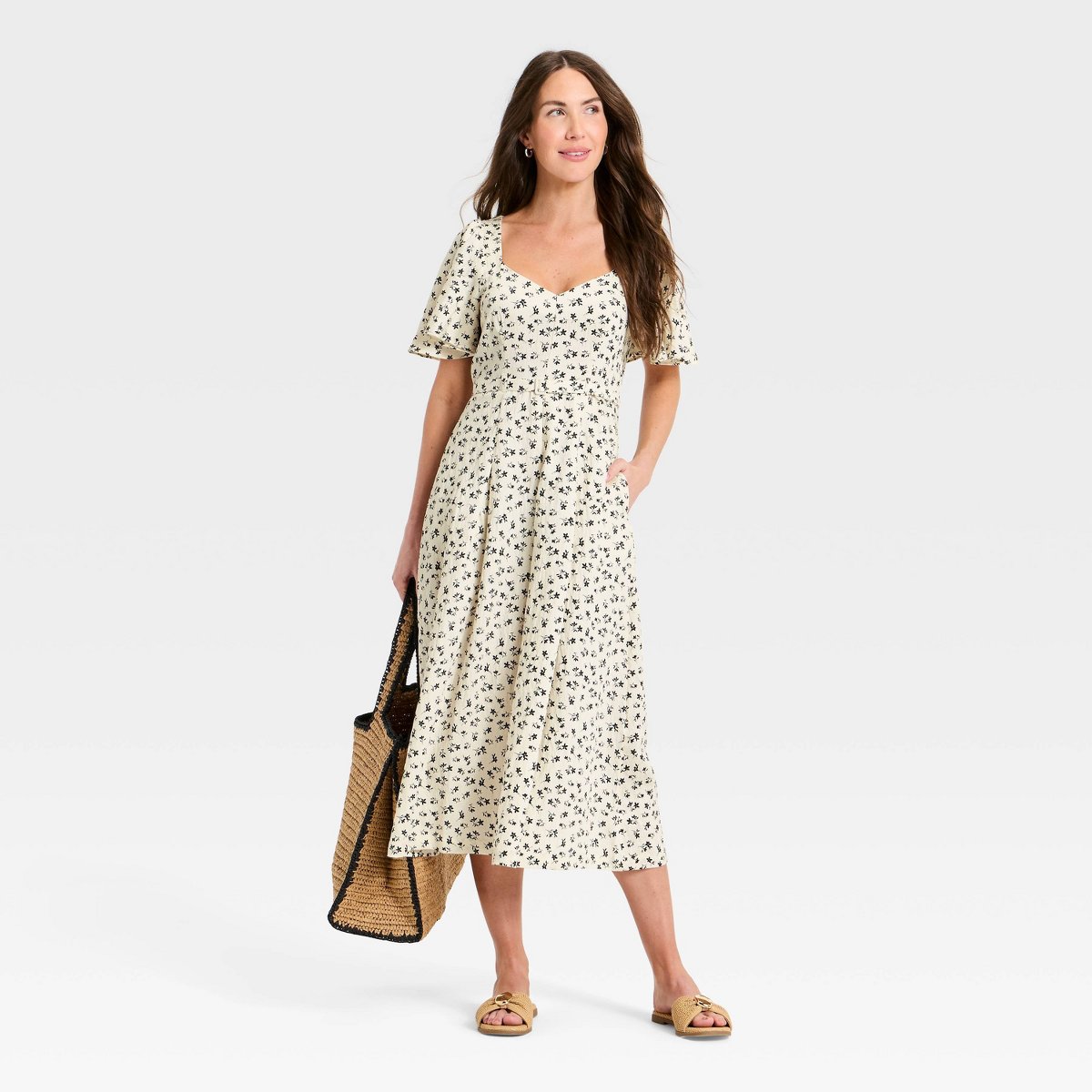 Женские платья A New Day Women's Flutter Sleeve Belted Midi Dress - A New Day™ Cream/Black Floral 12 — фото 3