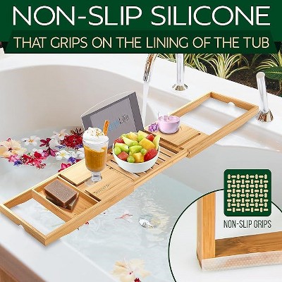 Adjustable Natural Bamboo Bathtub Caddy Tray with Wine Holder