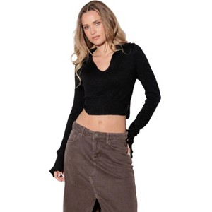 Slickblue Women's Cut Out Collared Crop Sweater, V-Neck, Long Sleeve, Lightweight Top, Size S-L, Color Options - 1 of 4
