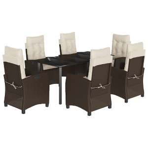 vidaXL 7 Piece Patio Dining Set with Cushions Brown Poly Rattan - 63" Table Length With Footrest 6 Items - 1 of 4