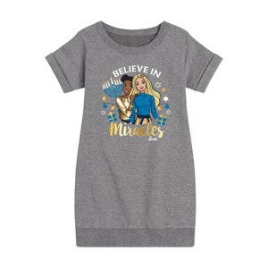 Girls' - Barbie - Believe In Miracles Holiday Graphic Short Sleeve Fleece Dress - 1 of 4