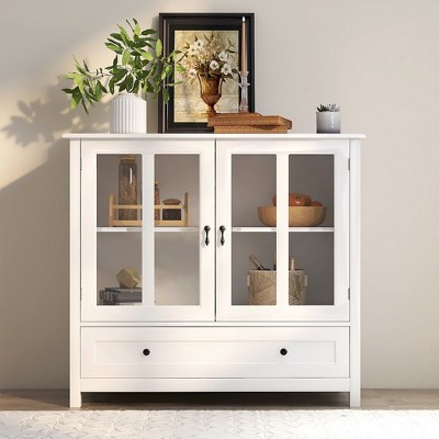 Buffet Storage Cabinet With Double Glass Doors, Adjustable Shelf, Wooden Sideboard Cabinet With Unique Bell Handle