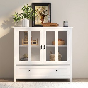 Buffet Storage Cabinet With Double Glass Doors, Adjustable Shelf, Wooden Sideboard Cabinet With Unique Bell Handle - 1 of 3