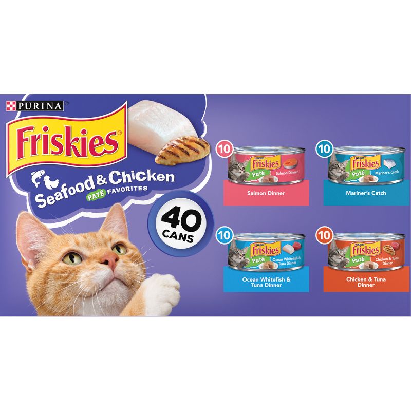 Purina Friskies Pat&#233; Tuna, Salmon, Fish &#38; Chicken Favorites Wet Cat Food - 5.5oz/40ct Variety Pack, 1 of 8