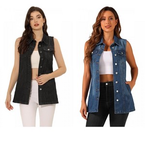INSPIRE CHIC Women's Sleeveless Casual Button-Down Side Pockets Long Jean Vests 2 Packs - 1 of 4
