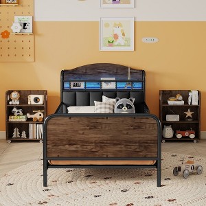 Okak Twin/Full Size Bookcase Platform Beds with Storage & Upholstered Headboard,Metal Bed Frame for Teens,No Spring Box Needed - 1 of 4