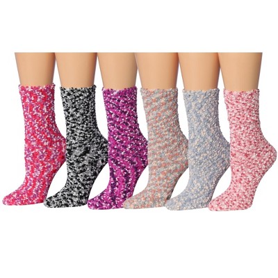 Tipi Toe Women's 6-Pairs Cozy Microfiber Anti-Skid Slub-Yarn Maroon Melody Patterned Soft Fuzzy Crew Socks
