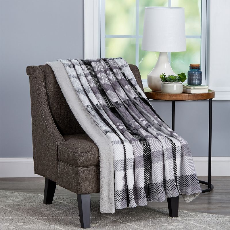 Blanket Throw - Oversized Plush Woven Polyester Faux Shearling Fleece Plaid Throw - Breathable by Hastings Home (Phantom), 2 of 9