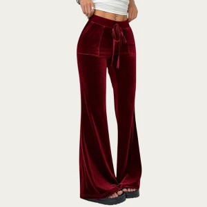 Anna-Kaci Women’s Soft Velvet Lounge Pants with Wide Flared Legs Adjustable Drawstring Waistband and Smooth Stretch Fabric - 1 of 4