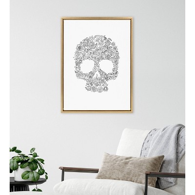 Gold Framed Skull Floral Print Canvas Wall Art, 18x24