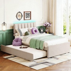 Luxystar Teddy Fleece Upholstered Platform Bed with Trundle and LED Lights - 1 of 4