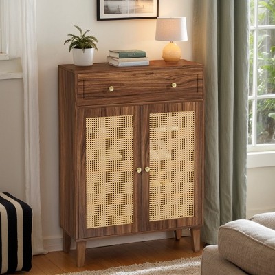 Hommoo Rattan Shoe Cabinet with Doors and Drawer