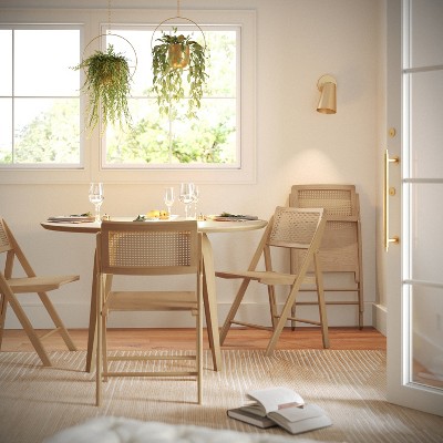 Natural Cane Rattan and Wood Folding Dining Chairs, Set of 2