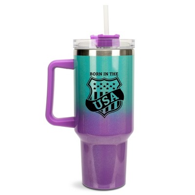 100 North Born In The USA American Flag Shield Wrap-Around 40 Oz. Stainless Steel Water Bottle Coffee Mug, Spill & Leak Resistant, Travel Tumbler with