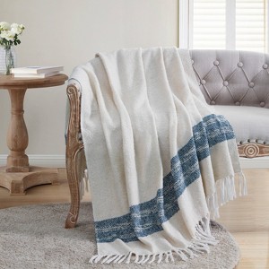 VCNY 50"x60" Tanya Striped Cotton-Rich Throw Blanket Ivory/Navy: Cozy Knotted Fringe, Hypoallergenic - 1 of 4
