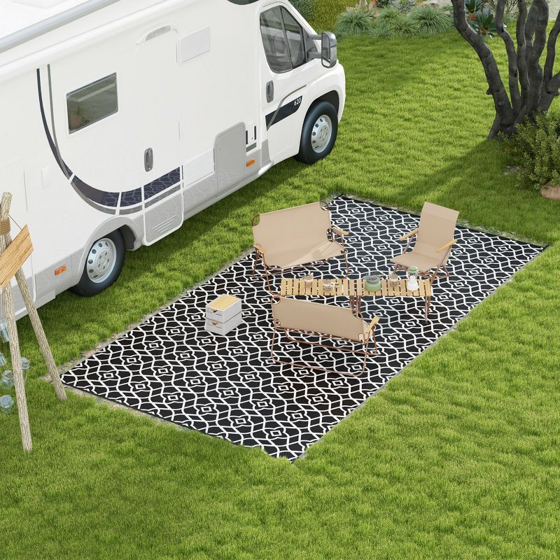 Outsunny RV Mat, Outdoor Patio Rug / Large Camping Carpet with Carrying Bag, 9' x 18', Waterproof Plastic Straw, Reversible, Black & White Clover, 2 of 7