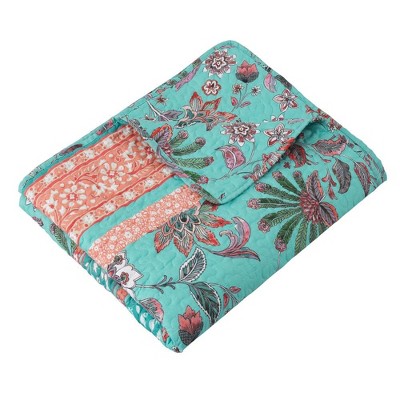 Turquoise and Coral Floral Quilted Reversible Throw Blanket