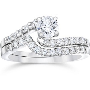 Pompeii3 1ct Diamond Pave Engagement Bypass Wedding Ring Set Matching 14K White Gold - 1 of 4