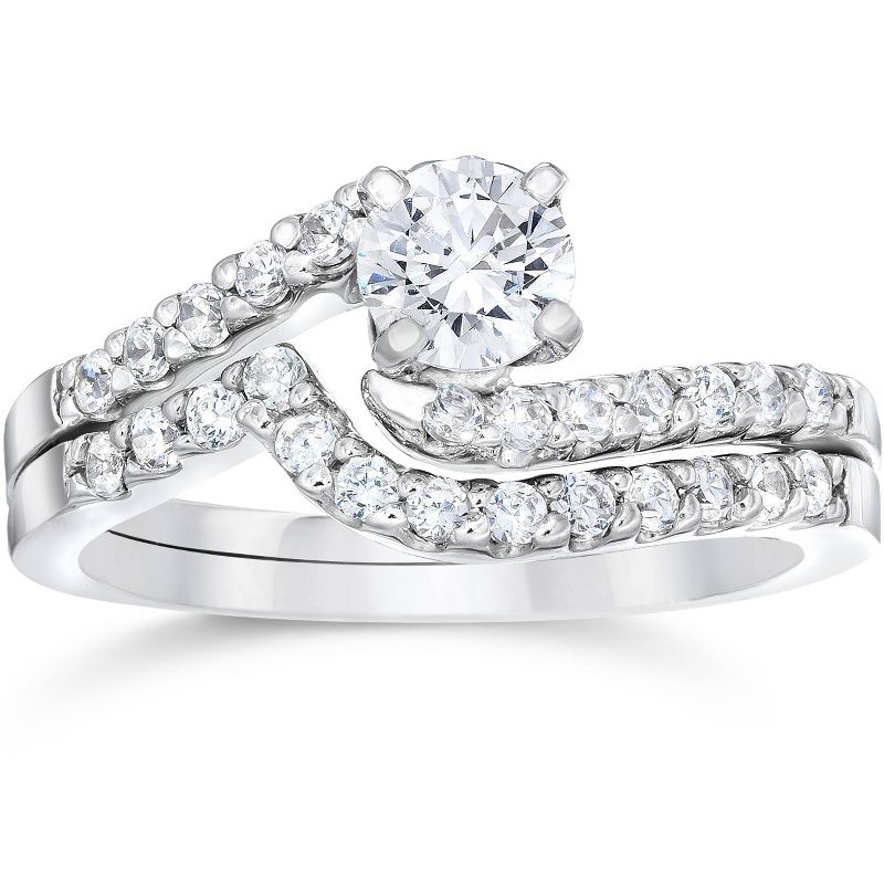 Pompeii3 1ct Diamond Pave Engagement Bypass Wedding Ring Set Matching 14K White Gold, 1 of 5