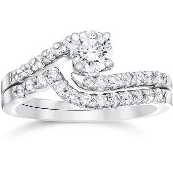 Pompeii3 1ct Diamond Pave Engagement Bypass Wedding Ring Set Matching 14K White Gold