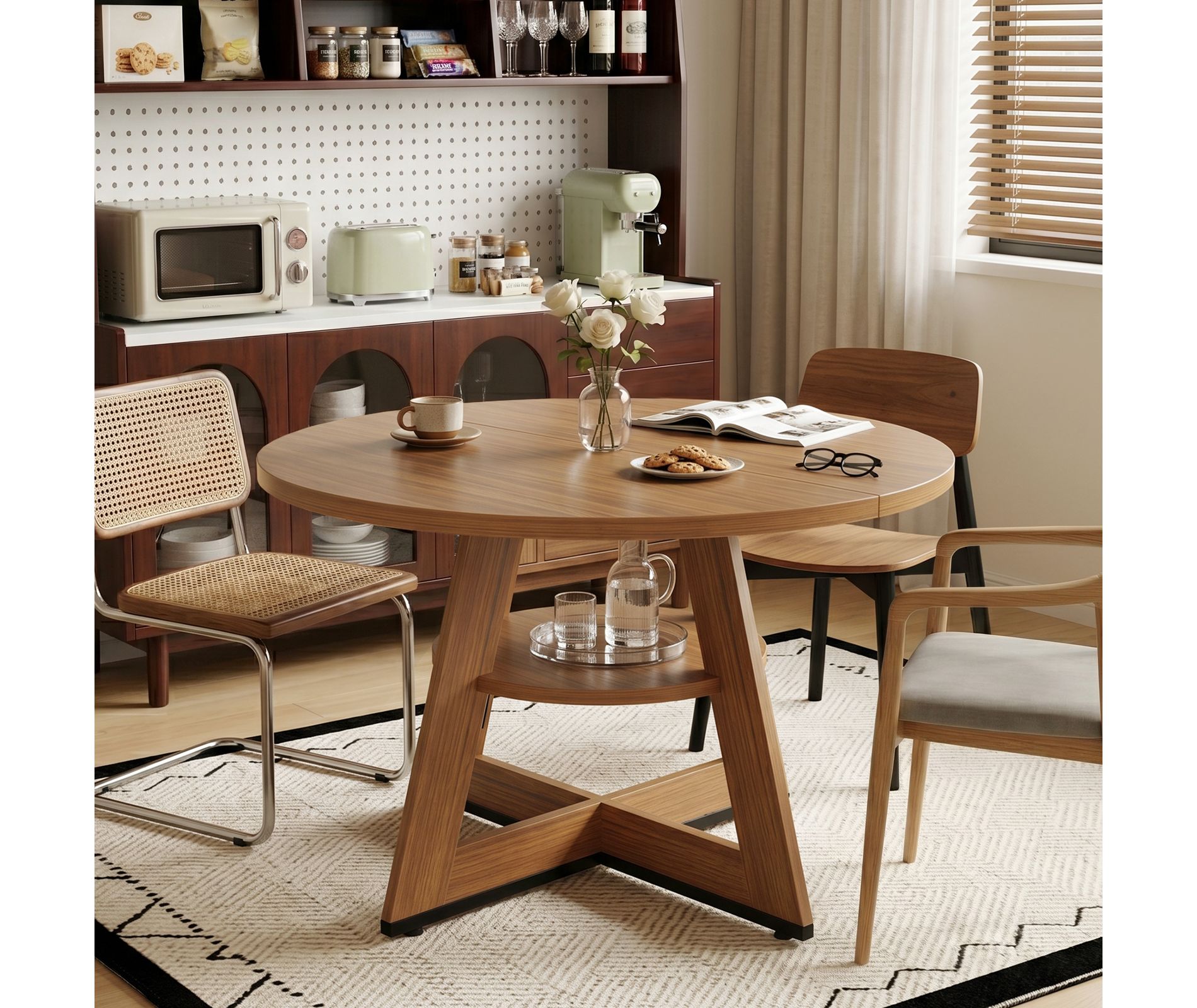 Bestier 47''Round Dinning Table for 4 People, Kitchen Dining Room Circle Dinner Pedestal Table,Space Saving Wood Kitchen & Dining Room, Brown Oak