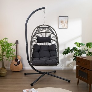 CAVINAS Outdoor Egg Hanging Chair with Stand,Patio Wicker Swing Egg Chair  with Cushion,Outdoor Swing for Backyard Garden,Gray - 1 of 4