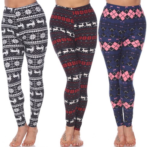 Women's Pack of 3 Leggings Black/Red, Black/White, Navy /Pink Argyle One  Size Fits Most - White Mark