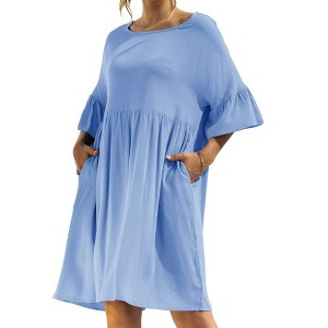 Anna-Kaci Women's Short Sleeve Loose Fit Midi Dress with Ruffle Detail and Side Pockets - 1 of 4