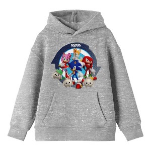 Sonic Frontiers Characters & Logo Long Sleeve Athletic Heather Boy's Hooded Sweatshirt - 1 of 2