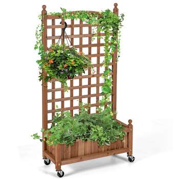 Costway 50in Wood Planter Box  w/Trellis Mobile Raised Bed for Climbing Plant