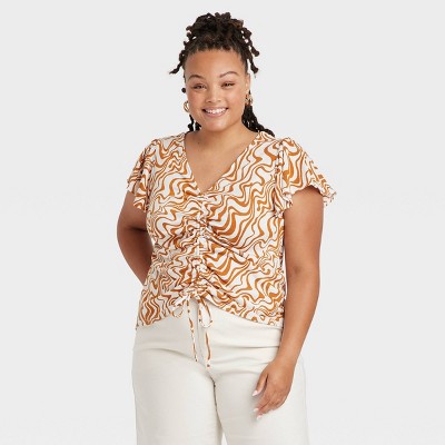 Women's Plus Size Short Sleeve Cinched V-Neck T-Shirt - Ava \u0026 Viv Gold Swirl x