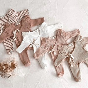 MyKids-Usa Baby Girl Solid Color Pure Cotton Long Sleeve Tops With Pants Sets - 1 of 4