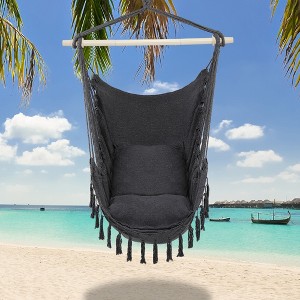 Hammock Chair Hanging Rope Swing Max 500 Lbs Indoor Outdoor Hammock Swing Chair, Boho Hanging Chair Bedroom Patio Black - 1 of 4