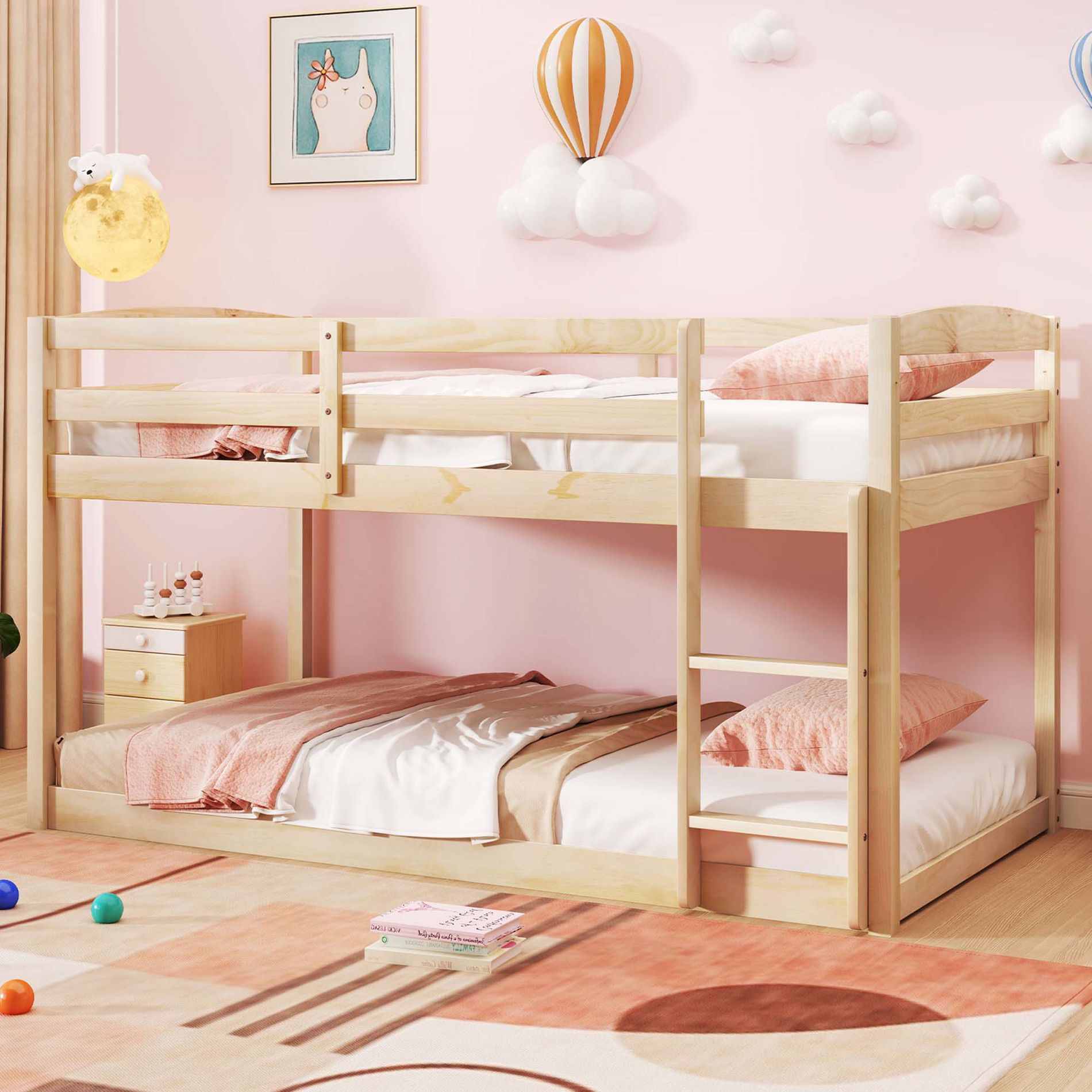 Costway Twin over Twin Low Bunk Bed with Guardrails Integrated Ladder Kids Wooden Beige