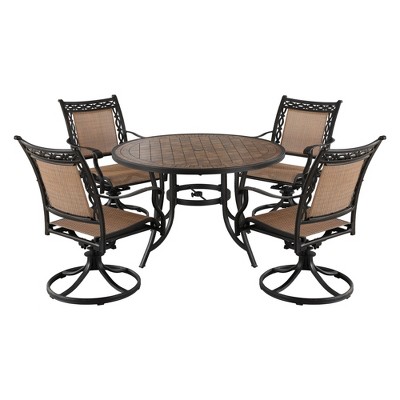 CLIHOME 5-Piece Outdoor Aluminum Dining Set With 4 360° Swivel Chairs & 1 48" Round Ceramic Table With Umbrella Hole