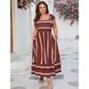 Coolmee Women Plus Size Casual Boho Striped Smocked Square Neck Short Sleeve High Waist Maxi Dress With Pockets - 2 of 4