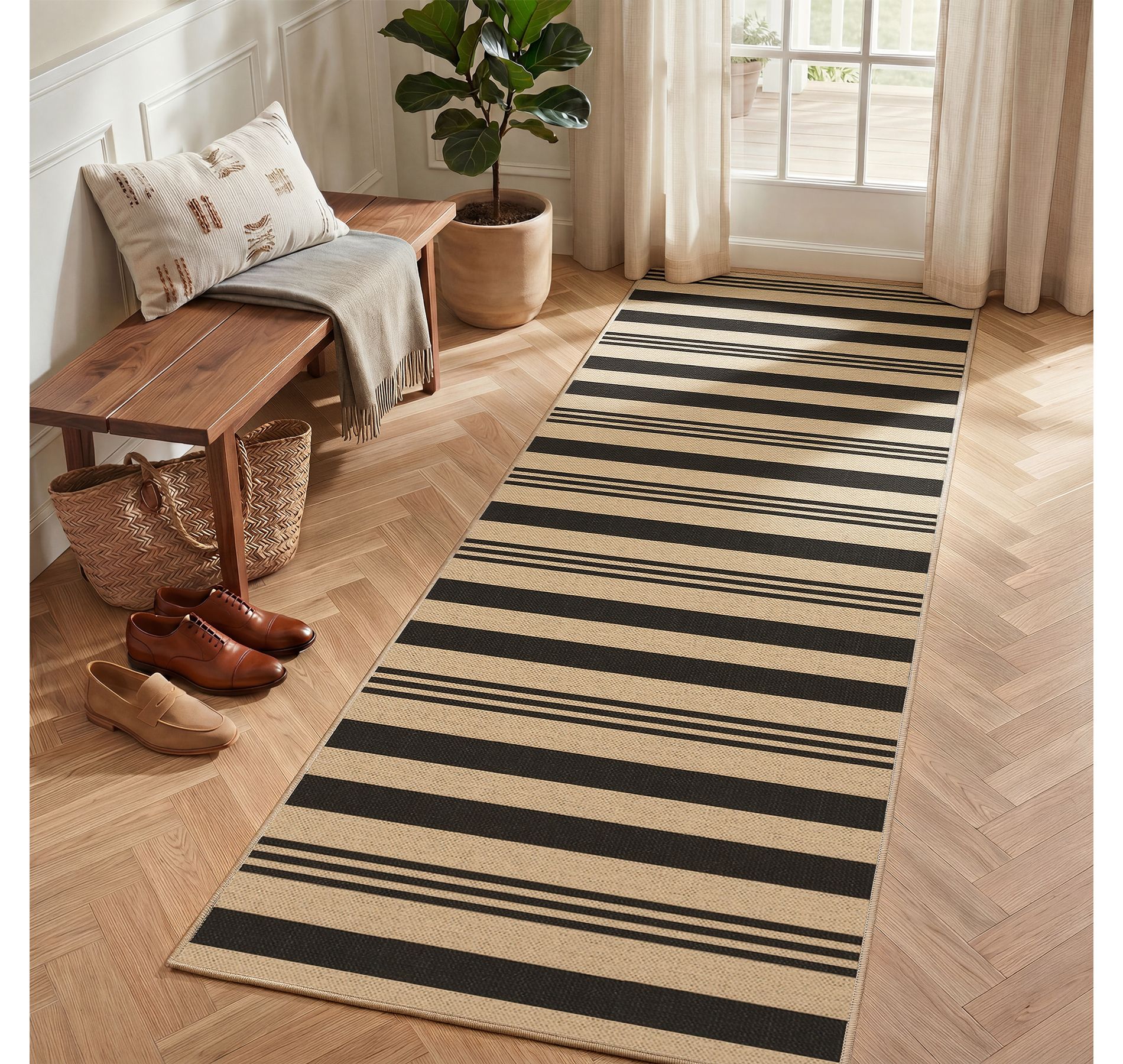 Lantine Striped Easy Jute 2.5'x8' Hallway Runner Rug Non Slip, Black Outdoor Kitchen Runner Rugs Non-Skid Washable, Oeko-Tex Certified