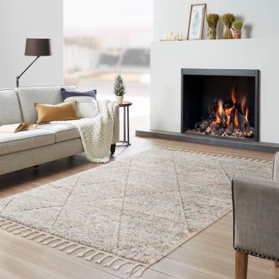Kumasinova Turkish-Made Cream Trellis Area Rug, Plush High Pile Living Room Rug with Tassel Detailing, Stain-Resistant Rugs for Living Room