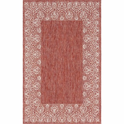 Rust Red and Ivory Synthetic Outdoor Rectangular Area Rug