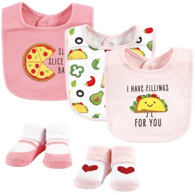 Hudson Baby Infant Girl Cotton Bib and Sock Set, Girl Pizza Taco, One Size