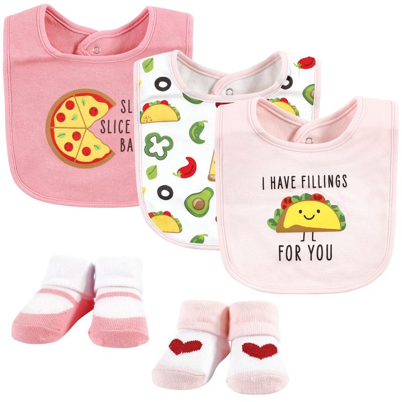 Hudson Baby Infant Girl Cotton Bib and Sock Set, Girl Pizza Taco, One Size, 1 of 6