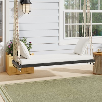 Twin Size Acacia Wood Porch Swing Chair with Cushion & Pillows, 400lbs Capacity, 63" Wide, 6 Ropes - Coolbibila